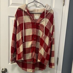 American Eagle Red and Cream Plaid Hooded Shirt